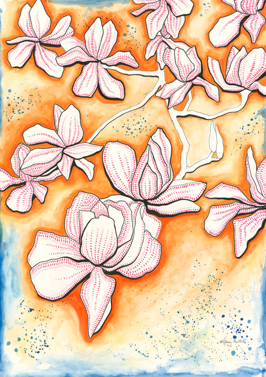 Magnolia flowers, colourful watercolour print
